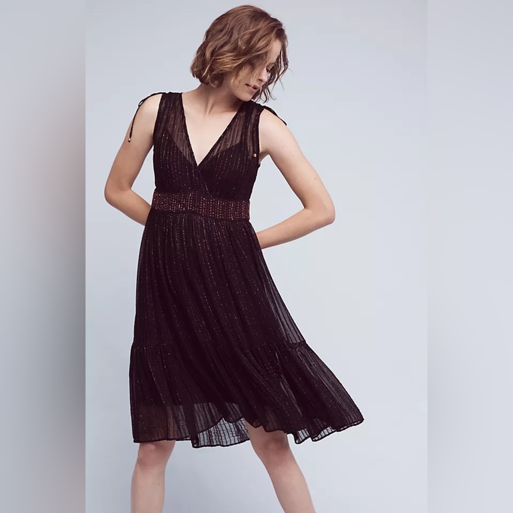 Anthropologie Floreat Annecy Sheer Black and Gold Striped Dress Beaded Embroider